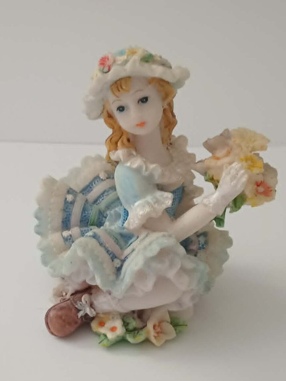 Dresden-Style Porcelain Figurine Girl in Blue Lace Dress with Flowers | 4" x 3"